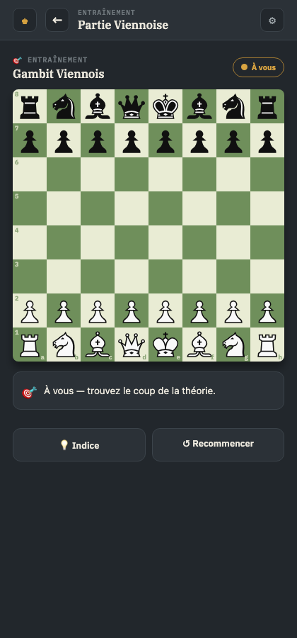 Écran Entraînement de GambitIQ : retrouve le coup de la théorie